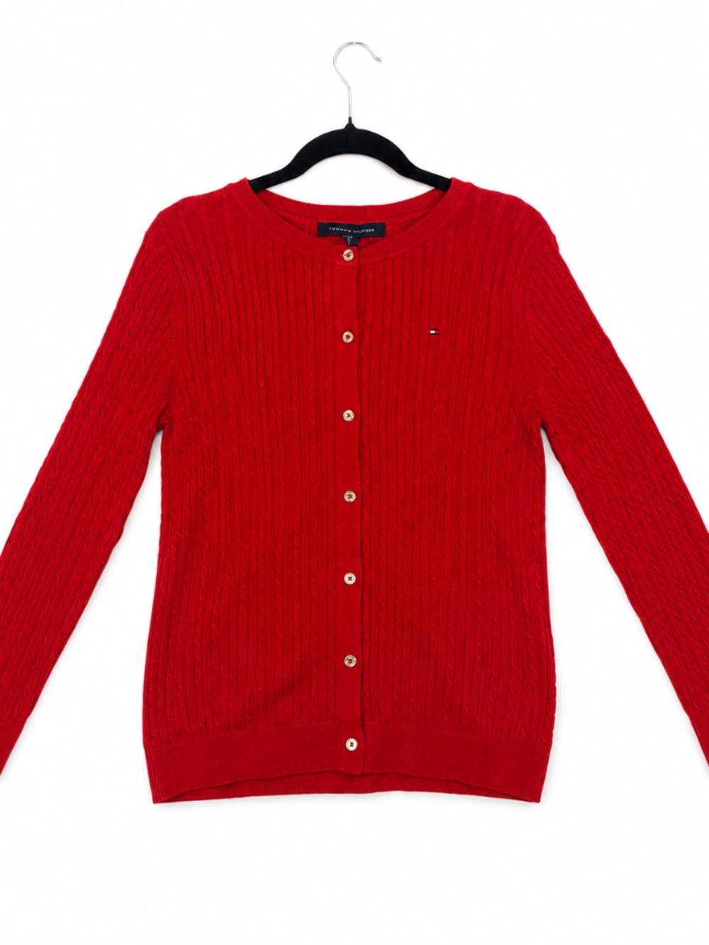 Tommy Hilfiger Cardigan Sweater Womens S Red Cable Knit Crewneck Button Up